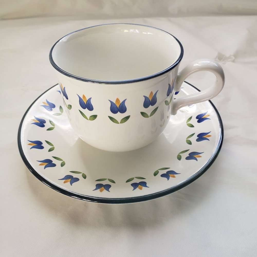 Stoneware Ceramic Cup & Saucer Tulip Print  Spring Print Vintage